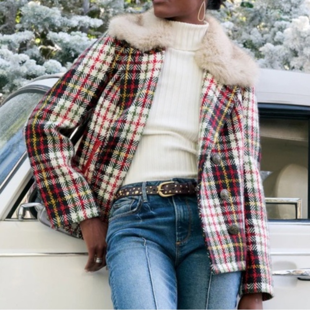 Sundance Alpenhorn Plaid Faux Fur Collar Peacoat | XL